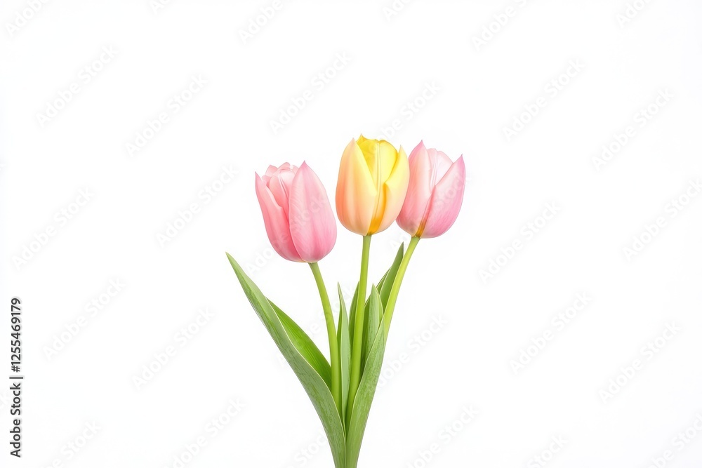 Three vibrant tulips in soft pastel colors against a white background Three vibrant tulips in soft pastel colors against a white background