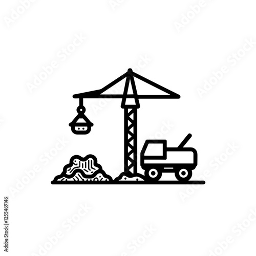icon construction set, Icon construction set featuring crane, truck, and construction site elements in minimalist style