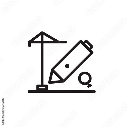 icon construction set, Construction icon featuring pencil, ruler, and crane in minimalistic black outline design
