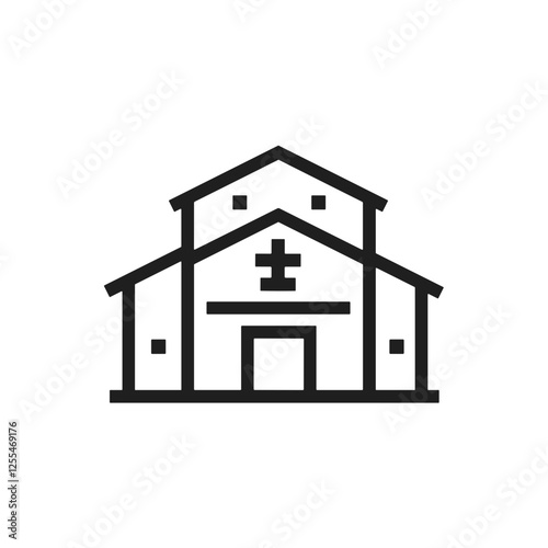 icon medical sign, social building icon, Building icon of a church with cross symbol, minimalist black outline design on white background 