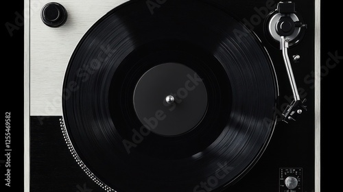Overhead view of a vintage record player with vinyl disc spinning