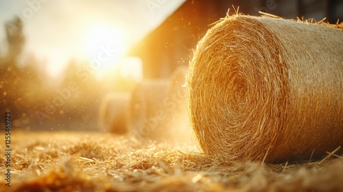 A picturesque scene of moist hay bales shimmering in the early morning light, creating a vibrant and peaceful vista of nature's beauty and serenity. photo