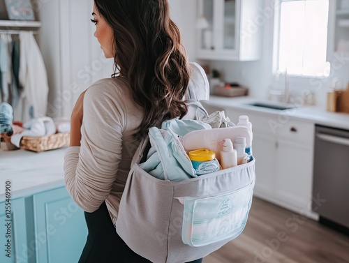 Mother carrying baby supplies in stylish diaper bag, modern parenting photo