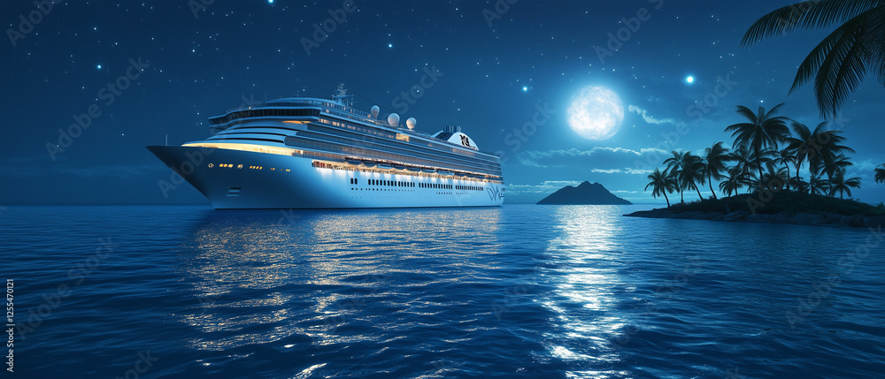 A cruise liner sailing through the Caribbean, its deck glowing under the moonlight as passengers enjoy the warm ocean breeze. Palm-covered islands are visible in the distance A cruise liner sailing through the Caribbean, its deck glowing under the moonlight as passengers enjoy the warm ocean breeze. Palm-covered islands are visible in the distance