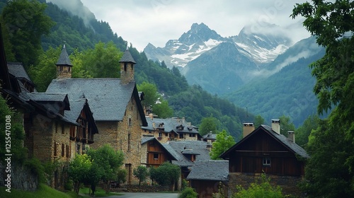 Serene Mountain Village Nestled in Pyrenees Mountains: A Picturesque French Alps Hamlet