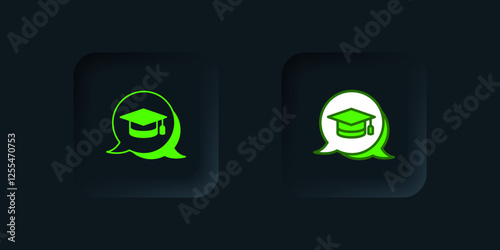 Green Graduation cap in speech bubble icon isolated on black background. Graduation hat with tassel icon. Black square button. Vector