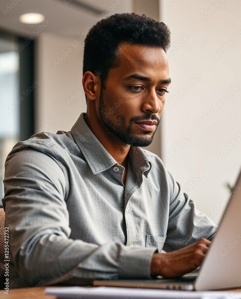 Fototapeta premium Focused young professional working on laptop in modern minimalist office environment