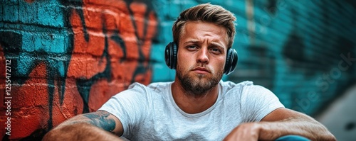 Man listening music headphones urban graffiti background lifestyle