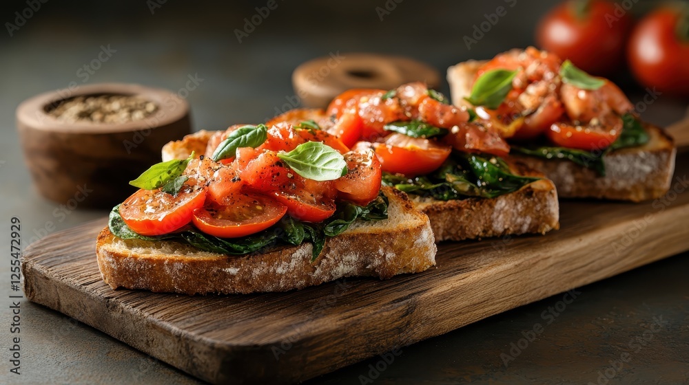 A close-up of beautiful bruschetta with tomatoes and herbs elegantly placed on a wooden board, radiating freshness and culinary creativity for food enthusiasts. A close-up of beautiful bruschetta with tomatoes and herbs elegantly placed on a wooden board, radiating freshness and culinary creativity for food enthusiasts.