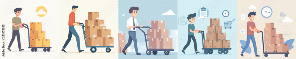 vector young man pushing a trolley