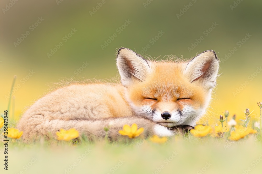 A peaceful red fox resting among vibrant yellow flowers in a serene meadow A peaceful red fox resting among vibrant yellow flowers in a serene meadow