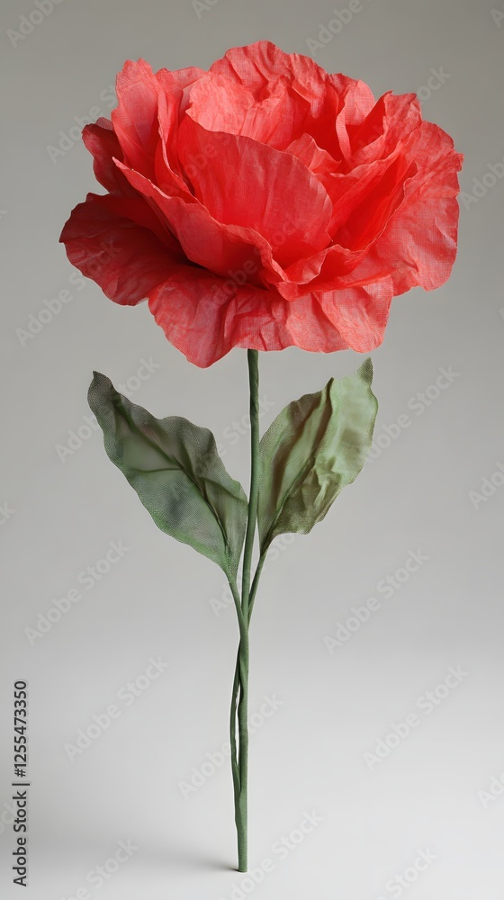Obraz premium Elegant coral rose blossom with green leaves against a soft gray backdrop in a studio shot