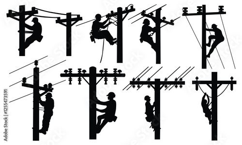 Silhouette of an Electrical Power Lineman Climbing an Electrical Powerline Pole with a white background.