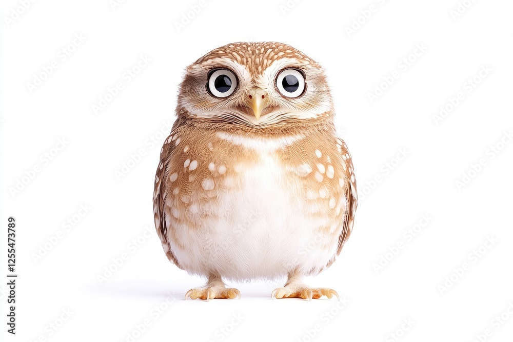 Adorable close-up of a small owl standing on a white background, showcasing its unique features Adorable close-up of a small owl standing on a white background, showcasing its unique features