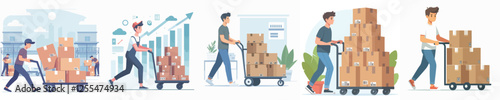 vector young man pushing a trolley