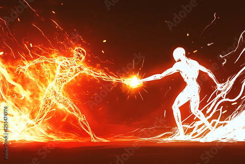 Two abstract figures, one made of fire and the other of light, reaching towards each other in a powerful, energetic moment. This image represents a symbolic clash of elements and energy. photo