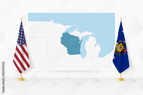Map of Wisconsin and flags of Wisconsin on flag stand.