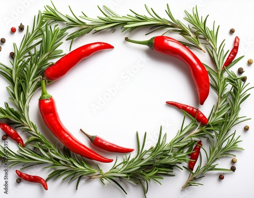 frame border fresh green organic rosemary leaves and red hot chilli pepper isolated on white background white background and natural transparent shadow ingredient spice for cooking collectio photo