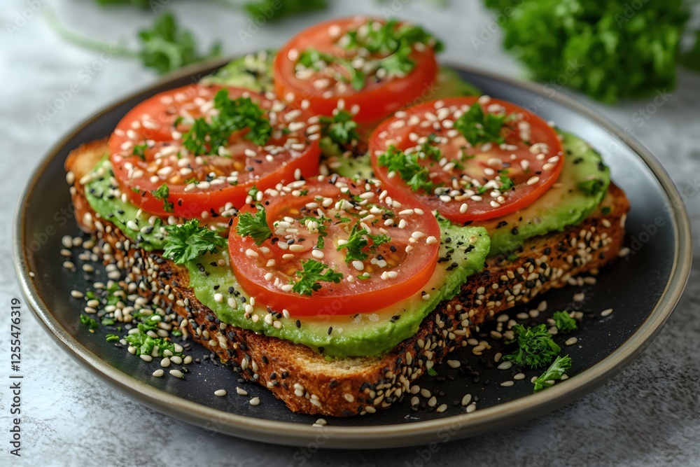 Delicious Avocado Toast with Tomato Slices and Sesame Seeds for Healthy Breakfast or Brunch Delicious Avocado Toast with Tomato Slices and Sesame Seeds for Healthy Breakfast or Brunch