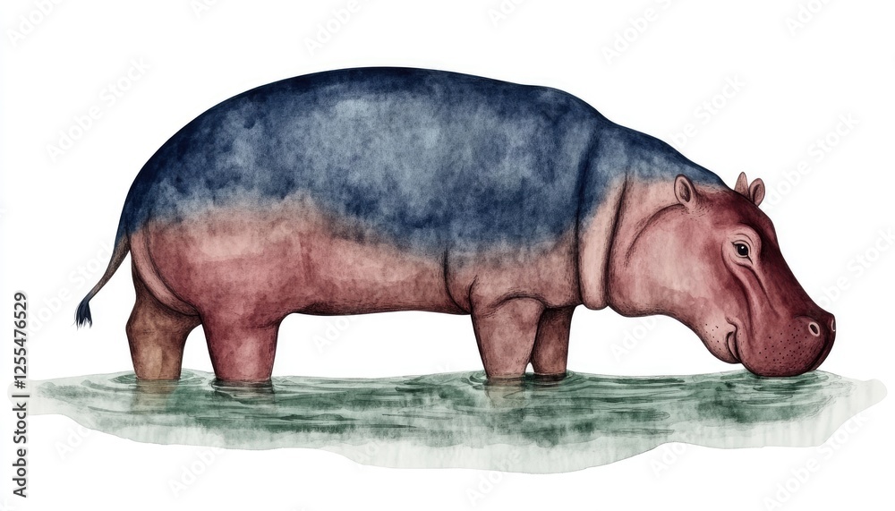 Hippopotamus wading in water, showcasing its unique coloration and habitat Hippopotamus wading in water, showcasing its unique coloration and habitat