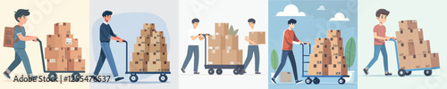 vector young man pushing a trolley