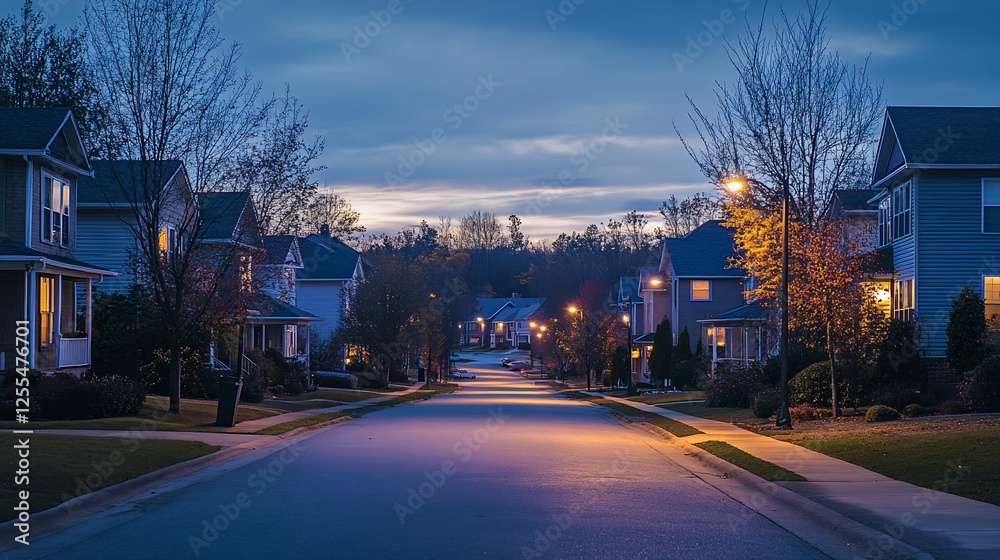 Serene Twilight Suburban Street: Houses illuminated under the soft glow of evening light Serene Twilight Suburban Street: Houses illuminated under the soft glow of evening light