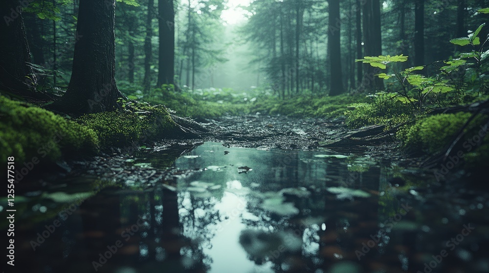 Obraz premium Misty forest path reflection, tranquil nature scene, background greenery, ideal for relaxation themes