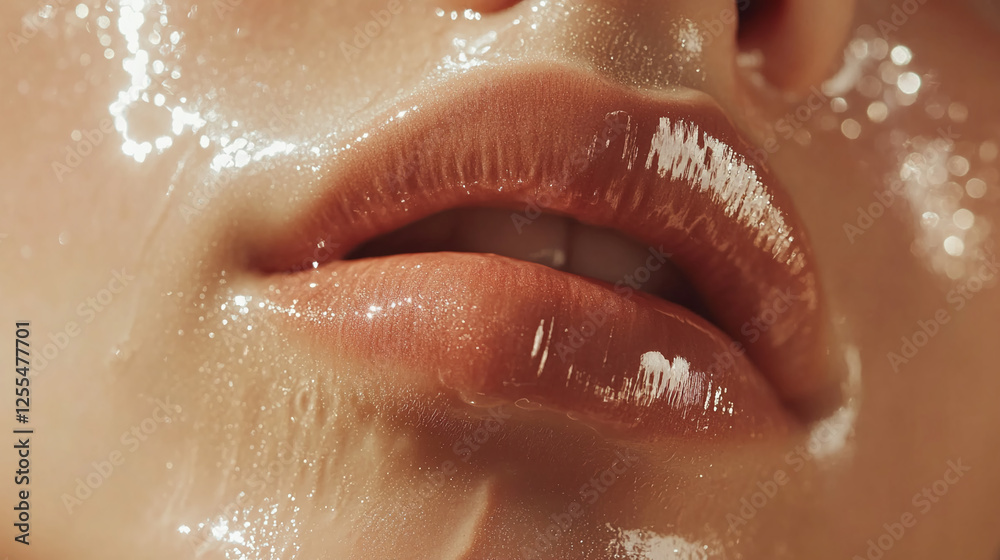 Fototapeta premium Close-up shot of glossy, wet lips with a sparkling finish and light reflections, showcasing a glossy lip care product or makeup, symbolizing beauty, hydration, and radiance.