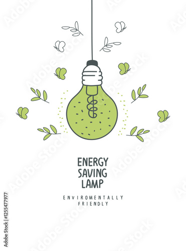 Environmentally friendly planet concept illustration. Vector hand drawn cartoon sketch of energy saving lamp. Natural resource conservationenergy. Eco lamp, alternative energy sources, recycle sign