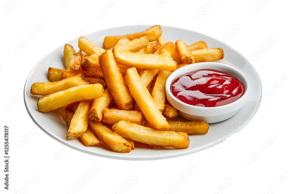 Crispy French Fries with Ketchup on a White Plate. Crispy French Fries with Ketchup on a White Plate.