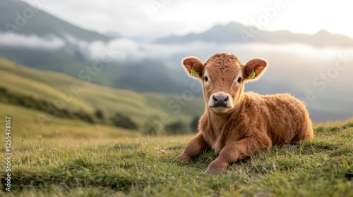 A young calf lies peacefully on fresh green grass under soft sunlight, capturing the essence of tranquility and the simple beauty of rural life and nature's harmony.