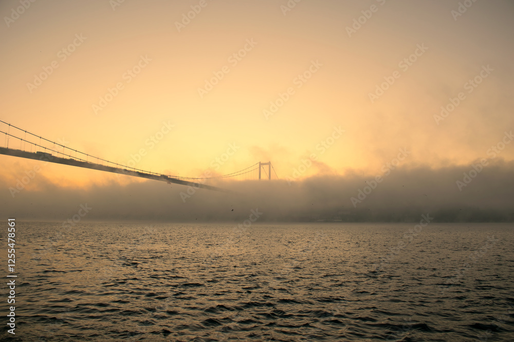 View of July 15 Martyrs Bridge (Bosphorus Bridge) with seagull and sunrise in fog clouds. Fishing boats in the foggy Bosphorus. View of July 15 Martyrs Bridge (Bosphorus Bridge) with seagull and sunrise in fog clouds. Fishing boats in the foggy Bosphorus.
