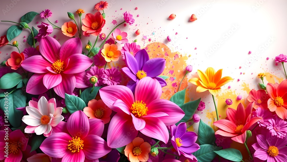 Vibrant Bloom – A dynamic 3D composition of oversized flowers bursting from the wall with a splash of bold colors Vibrant Bloom – A dynamic 3D composition of oversized flowers bursting from the wall with a splash of bold colors