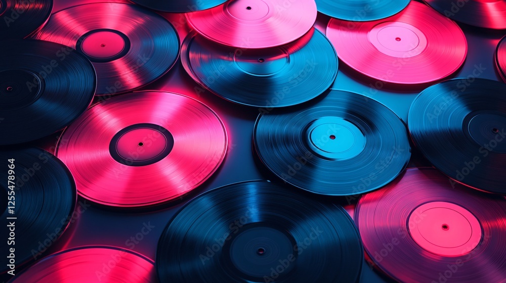 A vibrant collection of vinyl records in shades of pink and blue, arranged artfully to create a striking visual effect. A vibrant collection of vinyl records in shades of pink and blue, arranged artfully to create a striking visual effect.