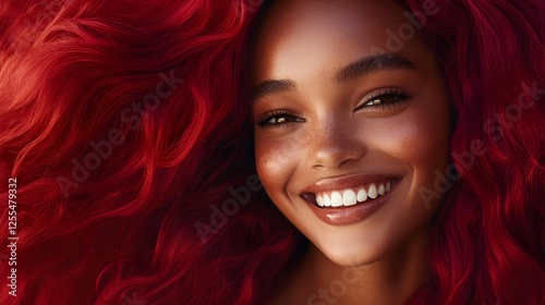 Close-up portrait of a sexy young redhead woman smiling and looking directly at the camera. Seductive girl with beautiful smile and curly hair. Redhead mermaid, generative AI.