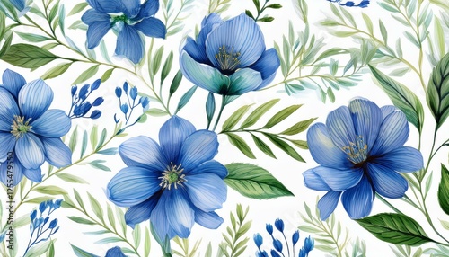 minimalist seamless pattern with abstract blue flowers and green leaves isolated watercolor illustration in classic provence style for textile wallpapers or delicate background