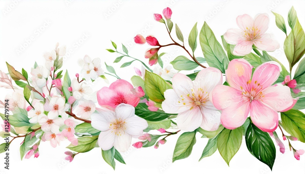 Obraz premium delicate spring background with white and pink flowers and delicate green leaves on branches colorful watercolor isolated illustration for your design greeting or invitation cards banner or cover