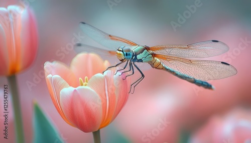 Dragonfly perched on pink tulip in a vibrant floral garden setting
