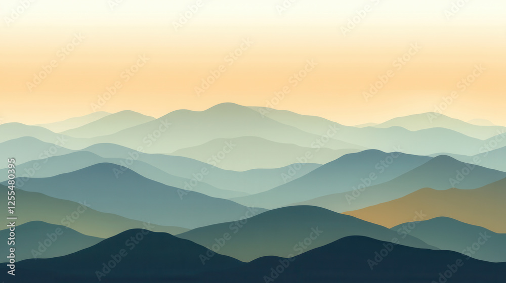 Fototapeta premium Serene landscape featuring layered mountains in warm and cool tones, evoking tranquility and peace