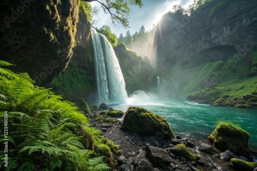 Emerald Waterfall Flume: Panoramic Nature Photography of Vibrant Green Gorge photo