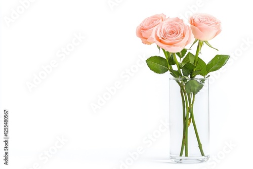 Three delicate pink roses elegantly arranged in a clear glass vase on a white background