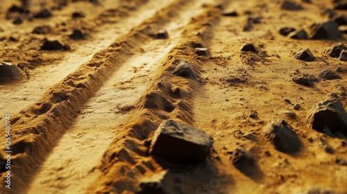 Close up of tire tracks on sandy desert terrain illuminated by golden sunlight and rugged rocks photo