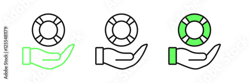 Set line Lifebuoy in hand icon isolated on white background. Lifebelt symbol. Vector