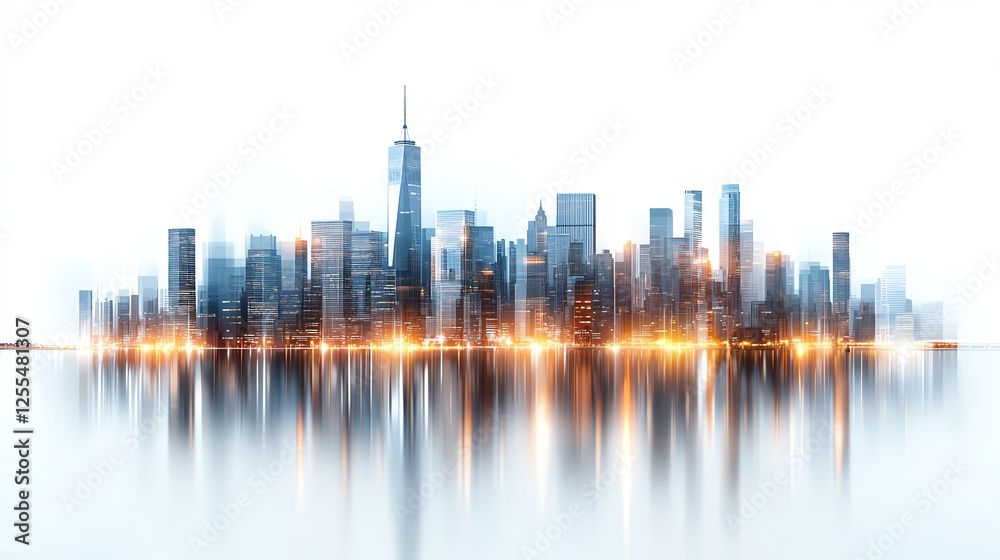 Obraz premium A stunning city skyline reflecting on the water, capturing the essence of modern architecture with a blend of lights and skyscrapers, ideal for business and travel themes.
