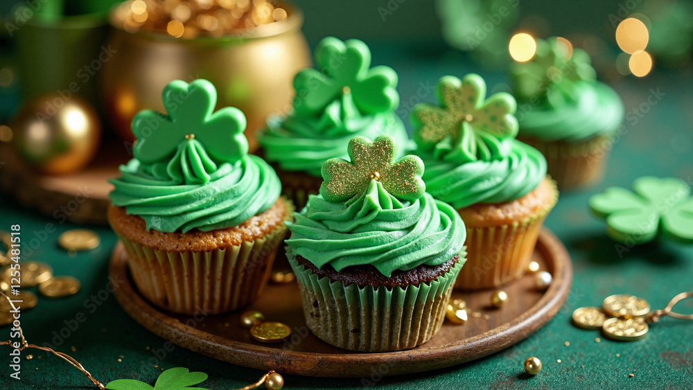 Festive Cupcakes on a Green Tablecloth for St. Patrick’s Day Celebrations – Stock Photo for Bakery, Social Media & Marketing Use Festive Cupcakes on a Green Tablecloth for St. Patrick’s Day Celebrations – Stock Photo for Bakery, Social Media & Marketing Use
