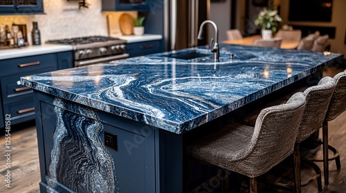 Blue marble kitchen island, modern design, dining area background, home decor photo