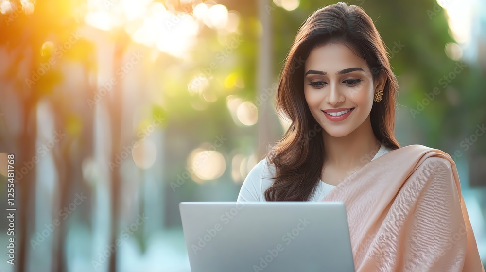A young woman smiles while using her laptop outdoors during sunset. The warm sunlight creates a joyful and relaxed atmosphere, perfect for work or leisure in nature. A young woman smiles while using her laptop outdoors during sunset. The warm sunlight creates a joyful and relaxed atmosphere, perfect for work or leisure in nature.