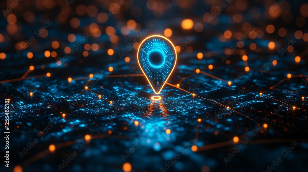 A glowing location pin is centered on a digital network of interconnected nodes, highlighting technology and connectivity. A glowing location pin is centered on a digital network of interconnected nodes, highlighting technology and connectivity.