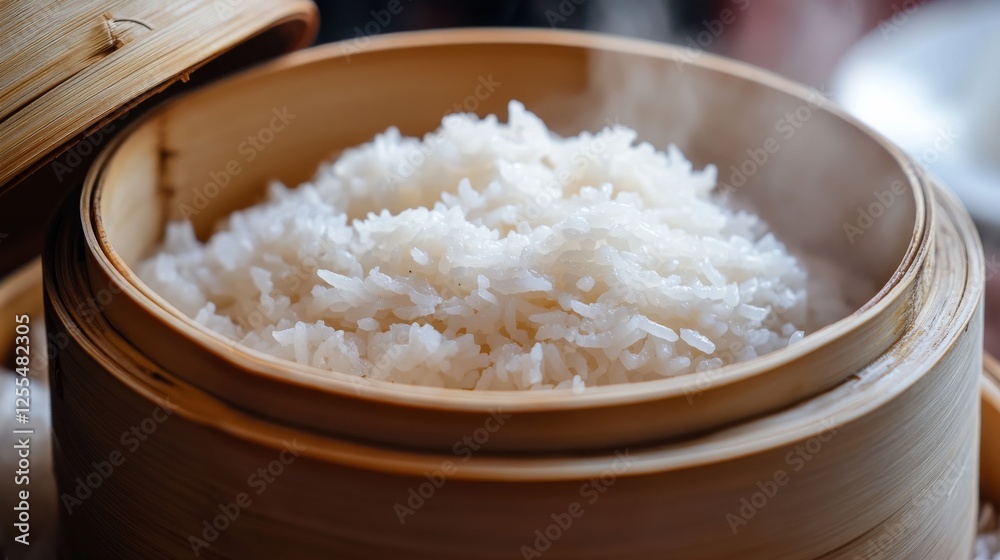 Asian cuisine rice served in a bamboo steamer basket, emphasizing authentic presentation and texture. Ideal for Asian food recipes and restaurant menus. Asian cuisine rice served in a bamboo steamer basket, emphasizing authentic presentation and texture. Ideal for Asian food recipes and restaurant menus.
