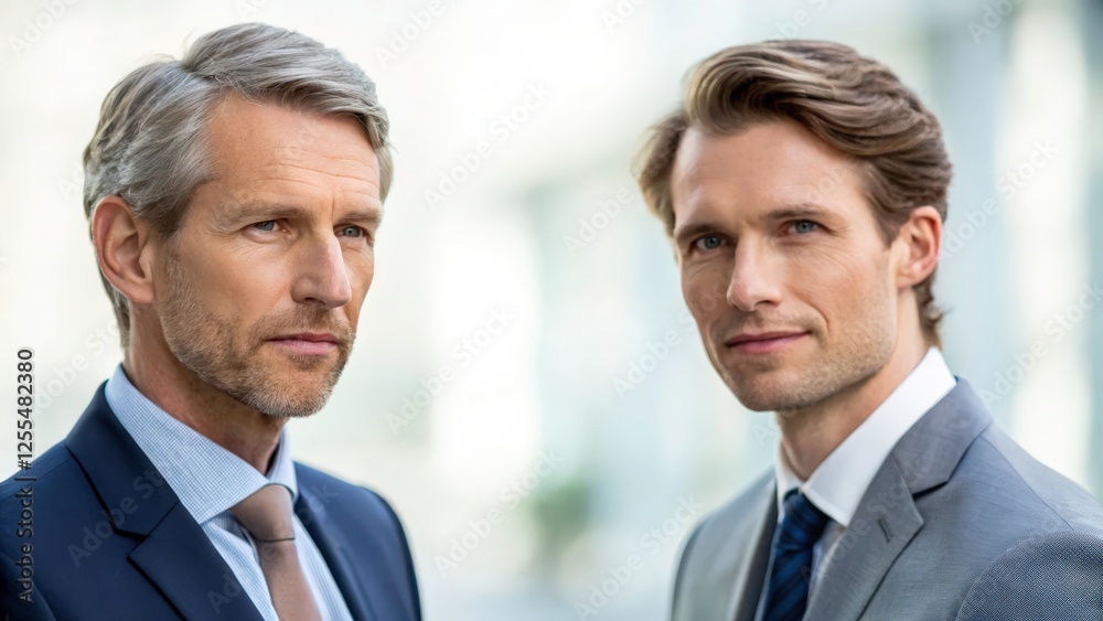 Two business professionals stand side-by-side, exuding confidence and leadership. Their sharp suits and determined gazes speak volumes about their ambition and success. Two business professionals stand side-by-side, exuding confidence and leadership. Their sharp suits and determined gazes speak volumes about their ambition and success.